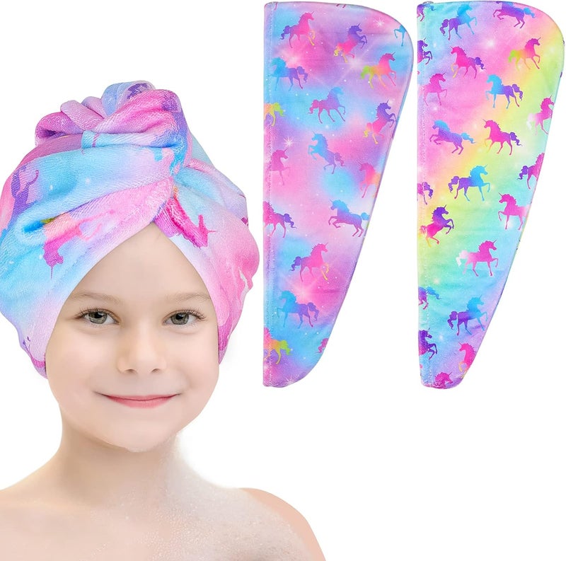 Basumee Microfiber Hair Towel Wrap for Kids 2 Pack Rapid Drying Hair Towel with Button Hair Turbans for Wet Hair Wraps Head Towel Wrap for Women and Girls, Rainbow Unicorn - Image 1